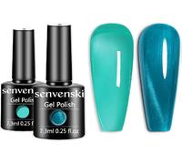 Uur-Senvenski Teal Bleu Gelée Vitrail Vernis Semi Permanent, Oeil De Chat Aimanté Cat Eye Magnétique Vernis Permanent, Glace Nudité Verre Bleu Vernis À Ongles Set Uv Led Art Pour French Manucure (Cs2