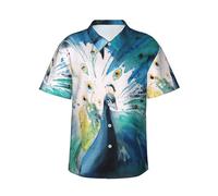 Uusnwaa Chemise hawaïenne à imprimé paon mignon pour homme, chemise d'été décontractée à manches courtes boutonnée avec poche poitrine gauche (S-3XL), Noir , XL