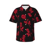 Uusnwaa Chemise hawaïenne à manches courtes boutonnée pour homme avec imprimé tête de mort et rose avec poche poitrine gauche (S à 3XL), Noir , L