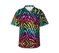 Uusnwaa Chemise hawaïenne colorée à imprimé zèbre arc-en-ciel pour homme, chemise d'été décontractée à manches courtes boutonnée avec poche poitrine gauche (S-3XL), Noir , M