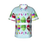 Uusnwaa Chemise hawaïenne colorée pour homme avec imprimé cupcakes « Happy Birthday » - Chemise d'été décontractée à manches courtes avec poche poitrine gauche (S à 3XL), Noir , S