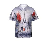 Uusnwaa Chemise hawaïenne Paris City Tree Tour Eiffel Art Print Chemise d'été Plage Décontractée Chemise boutonnée à manches courtes avec poche poitrine gauche (S-3XL), Noir , 3XL