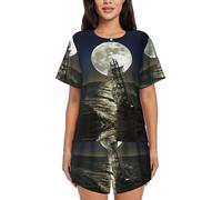 Uusnwaa Ensemble de pyjama 2 pièces doux et décontracté à manches courtes pour femme, motif bateau à voile dans la tempête, vêtements de détente avec poches, Noir , M