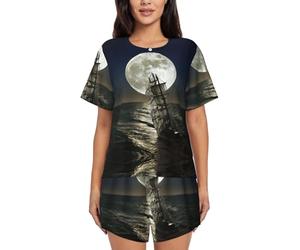 Uusnwaa Ensemble de pyjama 2 pièces doux et décontracté à manches courtes pour femme, motif bateau à voile dans la tempête, vêtements de détente avec poches, Noir , 4XL
