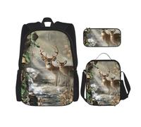 Uusnwaa Lot de 3 sacs à dos d'école avec imprimé cerf camouflage, sac à dos imperméable pour ordinateur portable avec sac à déjeuner isotherme et trousse à crayons pour l'école secondaire, adolescents