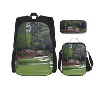 Uusnwaa Lot de 3 sacs à dos d'école avec imprimé parcours de golf - Grande capacité - Résistant à l'eau - Sac à déjeuner isotherme et trousse à crayons - Pour l'école, les adolescents et la rentrée