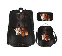 Uusnwaa Lot de 3 sacs à dos d'école avec imprimé partitions de violon - Grande capacité - Résistant à l'eau - Sac à déjeuner isotherme et trousse à crayons - Pour l'école, les adolescents et la