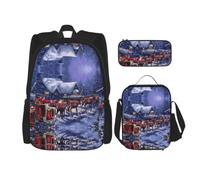 Uusnwaa Lot de 3 sacs à dos d'école avec imprimé Père Noël et cerf - Grande capacité - Résistant à l'eau - Sac à déjeuner isotherme et trousse à crayons - Pour l'école, les adolescents et la rentrée