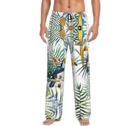 Uusnwaa Pantalon de pyjama pour homme avec imprimé feuilles tropicales et oiseaux, pantalon de détente avec poches et cordon de serrage, taille S à XXL, Noir , XL