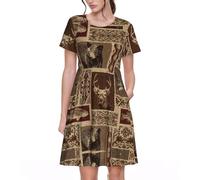 Uusnwaa Robe d'été décontractée à manches courtes et col rond pour femme - Imprimé cerf - Avec poches, Noir , M