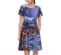 Uusnwaa Robe d'été décontractée à manches courtes et col rond pour femme - Imprimé Père Noël et cerf - Avec poches, Noir , XL