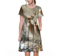 Uusnwaa Robe d'été décontractée à manches courtes et col rond pour femme, motif cerf, camouflage, robe trapèze avec poches pour fête de plage, Noir , L