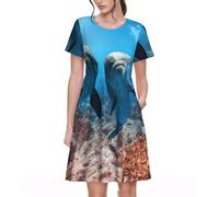 Uusnwaa Robe d'été décontractée à manches courtes et col rond pour femme, motif dauphin qui vous regarde, robe trapèze avec poches pour fête de plage, Noir , XL