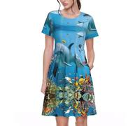 Uusnwaa Robe d'été décontractée à manches courtes et col rond pour femme, motif dauphin qui vous regarde, robe trapèze avec poches pour fête de plage, Noir , XL