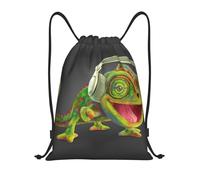 Uusnwaa Sac à dos avec cordon de serrage imprimé caméléon pour écouter de la musique, sac à dos résistant à l'eau pour la gym, le shopping, le sport, le yoga, Noir , S, Sac à dos de voyage