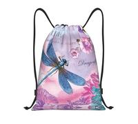 Uusnwaa Sac à dos avec cordon de serrage imprimé fleurs roses et libellules bleues - Sac à dos résistant à l'eau pour gym, shopping, sport, yoga, Noir , S, Sac à dos de voyage