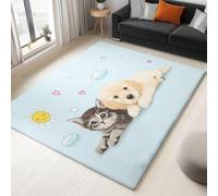 UUZEAI Animaux 3D Imprimé Tapis de Chambre Enfants Doux Antidérapant, Chat et Chien Mignon Grand Tapis Lavable pour Salle de Jeux, Salon Décor, Bleu Clair 70x140cm