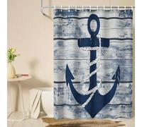 UUZEAI Rideau de Douche 75 x 200 cm, Motif Ancre Bleu Nautique rétro, Aspect Planches de Bois, en Polyester imperméable et Lavable, avec Crochets