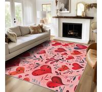 UUZEAI Rose Tapis Chambre Filles Romantique Rouge Coeur et Plantes Feuilles Motif Tapis de Décoration pour Salon Cuisine, Lavable Antidérapant Paillasson Interieur Entree(50x80cm)