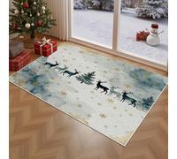 UUZEAI Tapis à Motif de Noël 60x150cm, Motif Aquarelle Rennes et Flocons de Neige, Lavable, pour Salon, Cuisine ou Chambre, Tapis d'entrée antidérapant Ultra Fin