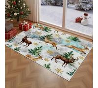 UUZEAI Tapis à Motif de Rennes et Flocons de Neige, 100 x 140 cm, Motif Aquarelle Animaux de la forêt, Lavable, pour Salon, Chambre ou Chambre d'enfant, Tapis d'entrée antidérapant