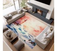 UUZEAI Tapis à Motif Nautique 180 x 200 cm, Lavable, Motif Phare et Vagues, idéal pour Le Salon, la Chambre ou la Chambre d'enfant, antidérapant et Ultra Fin