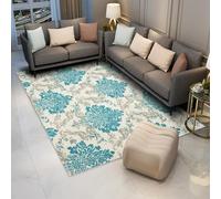 UUZEAI Tapis Bleu Sarcelle à Motifs Floraux 100 x 200 cm, Style Baroque Classique, Lavable, antidérapant, idéal pour Le Salon, la Chambre ou la Salle à Manger.