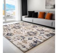 UUZEAI Tapis Chambre Ethnique Sud-Ouest Motifs Géométriques Rétro Abstraite Tapis Antidérapant à Poils Courts, Lavable pour Salle à Manger, Chambre à Coucher, Beige Bleu(120x120cm)