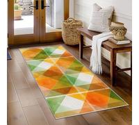 UUZEAI Tapis de Couloir à Carreaux, Lavable, Motif Losanges Vert, Orange et Blanc, antidérapant, 150 x 200 cm, idéal pour Chambre, Chambre d'enfant ou Salon, Ultra Fin