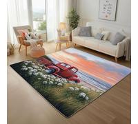 UUZEAI Tapis de Salon Coucher de Soleil Paysage, Rouge Voiture Antique Américain Tapis de Chambre Enfants pour Filles Garçons, Tapis Antidérapant Doux Lavable pour Chambre Cuisine 90x150cm