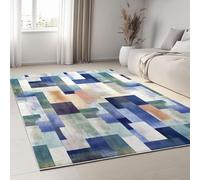 UUZEAI Tapis Rectangle Moderne Abstrait Color Block, Tapis Teint Multicolore Bleu à Poils Courts Lavable et Antidérapant pour Salon, Chambre, Couloir Décor 100x140cm