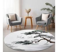 UUZEAI Tapis Rond Japan pour Salon 150 cm, Style Chinois Vintage, Aquarelle, Paysage de Montagne et d'arbres, Lavable et antidérapant, pour la décoration de la Salle à Manger ou de la Chambre