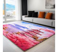 UUZEAI Tapis Salon Style Japonais Paysage de Montagne Architecture Fleurs de Cerisier Rose, Decoration Maison Tapis Antidérapant Lavables pour Chambre, Salle à Manger, Porche 150x200cm