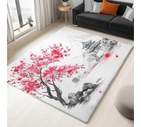 UUZEAI Tapis Traditionnel Japonais pour Salon, Peinture à Aquarelle Fleurs de Cerisier Mont Fuji Moquette Chambre de Décoration Tapis Doux Antidérapant Lavable Paillasson Interieur 100x120cm