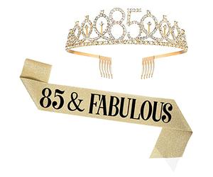 UVATAHONA Écharpe et diadème pour 85e anniversaire pour femme, écharpe et couronne fabuleuse, cadeaux de décoration pour 85e anniversaire pour femme, fournitures de fête pour la reine, doré