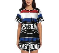 UVBDF Amsterdam Skyline Ensemble de pyjama 2 pièces à manches courtes pour femme avec poches pour le salon quotidien, Noir , XL