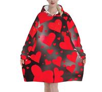 UVBDF Couverture à capuche en flanelle douce anti-boulochage avec capuche et poche Motif cœurs rouges, Noir , 280g flannel