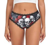 UVBDF Culotte imprimée tête de mort et rose rouge pour femme avec bord en dentelle extensible hipster usage quotidien, Noir , S