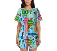 UVBDF Ensemble de pyjama d'été 2 pièces à manches courtes avec icônes, motif carte de l'Amérique du Sud, vêtement de nuit doux et léger avec poches pour le salon quotidien, Noir , XXL
