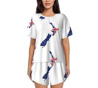 UVBDF Ensemble de pyjama d'été 2 pièces à manches courtes pour femme, motif carte du drapeau de la Nouvelle-Zélande, vêtement de nuit doux et léger avec poches pour le salon quotidien, Noir , L