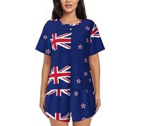 UVBDF Ensemble de pyjama d'été 2 pièces à manches courtes pour femme, motif drapeau de la Nouvelle-Zélande, vêtement de nuit doux et léger avec poches pour le salon quotidien, Noir , XXL