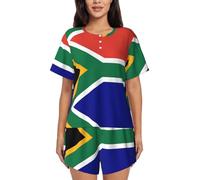UVBDF Ensemble de pyjama d'été 2 pièces à manches courtes pour femme, motif drapeau de l'Afrique du Sud, vêtement de nuit doux et léger avec poches pour le salon quotidien, Noir , XL