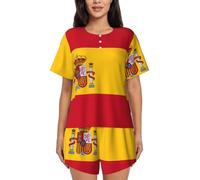 UVBDF Ensemble de pyjama d'été 2 pièces à manches courtes pour femme, motif drapeau espagnol, vêtement de nuit doux et léger avec poches pour le salon quotidien, Noir , XXL