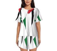UVBDF Ensemble de pyjama d'été 2 pièces pour femme avec motif carte du drapeau de la Palestine, vêtement de détente doux et léger avec poches pour le salon quotidien, Noir , S