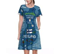 UVBDF Finland Map with Various Feat Spring Robe trapèze pour femme, robe imprimée à manches courtes avec poches, taille élastique, jupe confortable au quotidien, Noir , 3XL