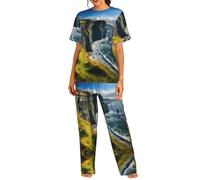 UVBDF Ireland Outdoors County Clare The Cliffs Ensemble de pyjama à col rond pour femme, vêtement de nuit doux avec pantalon à taille élastique pour toutes les occasions, Noir , XXL