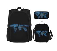 UVBDF Lot de 3 sacs à dos d'école avec carte du monde pour voyage, étude, boîte à déjeuner et trousse à crayons, Noir , Taille unique, Ensemble cartable
