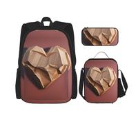 UVBDF Lot de 3 sacs à dos d'école en bois en forme de cœur pour voyage, étude, boîte à déjeuner et trousse à crayons, Noir , Taille unique, Ensemble cartable
