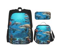 UVBDF Lot de 3 sacs à dos d'école pour voyage, étude, boîte à déjeuner et trousse à crayons Motif dauphins requins corail, Noir , Taille unique, Ensemble cartable