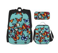 UVBDF Lot de 3 sacs à dos d'école, sac à dos d'école, boîte à déjeuner et trousse à crayons Motif papillon et cellophane, Noir , Taille unique, Ensemble cartable